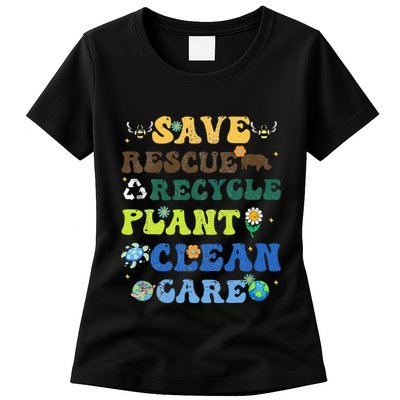 Retro Earth Day Save Bees Rescue Animals Recycle Plastics Womens T-Shirt