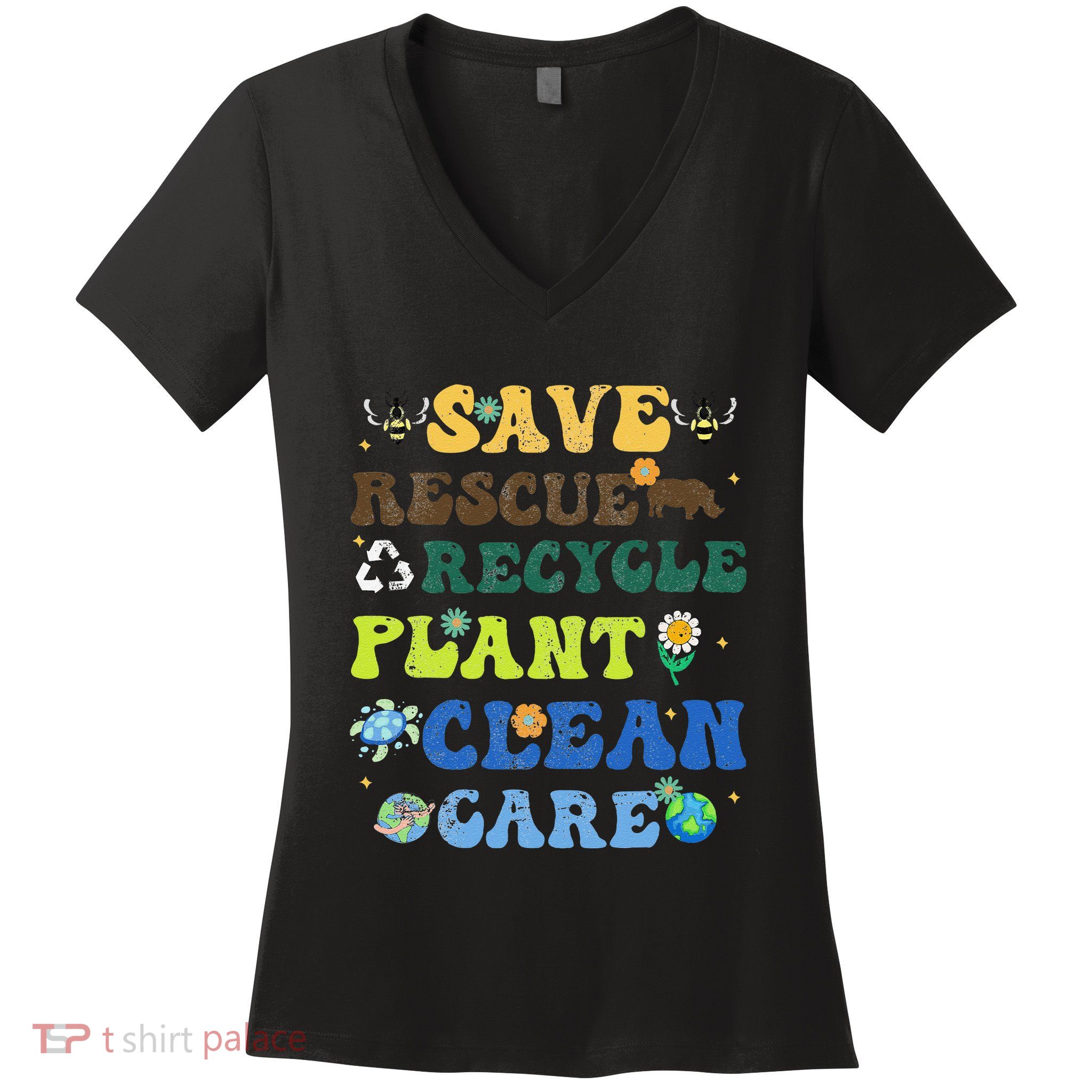Retro Earth Day Save Bees Rescue Animals Recycle Plastics Women's V-Neck T-Shirt