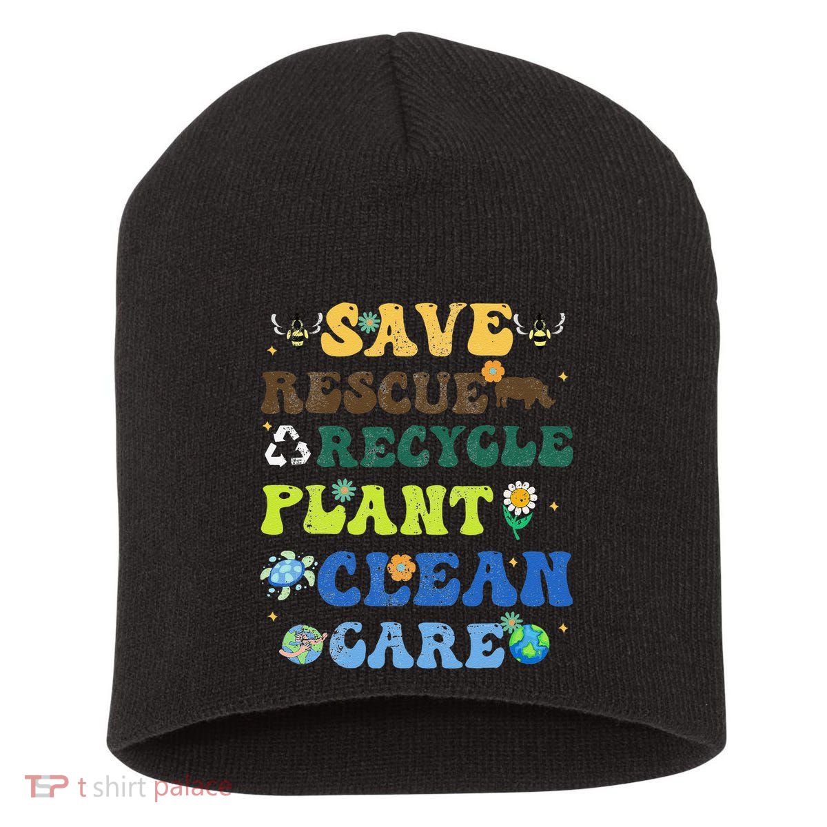 Retro Earth Day Save Bees Rescue Animals Recycle Plastics Short Acrylic Beanie