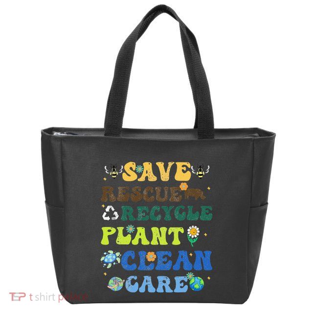 Retro Earth Day Save Bees Rescue Animals Recycle Plastics Zip Tote Bag
