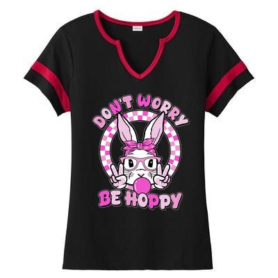 Retro Easter Dont Worry Be Hoppy Easter Bunny Rabbit Ladies Halftime Notch Neck Tee