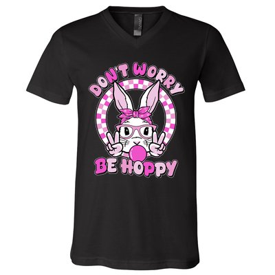 Retro Easter Dont Worry Be Hoppy Easter Bunny Rabbit V-Neck T-Shirt