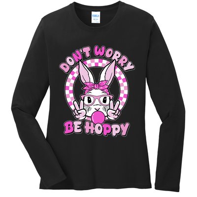 Retro Easter Dont Worry Be Hoppy Easter Bunny Rabbit Ladies Long Sleeve Shirt