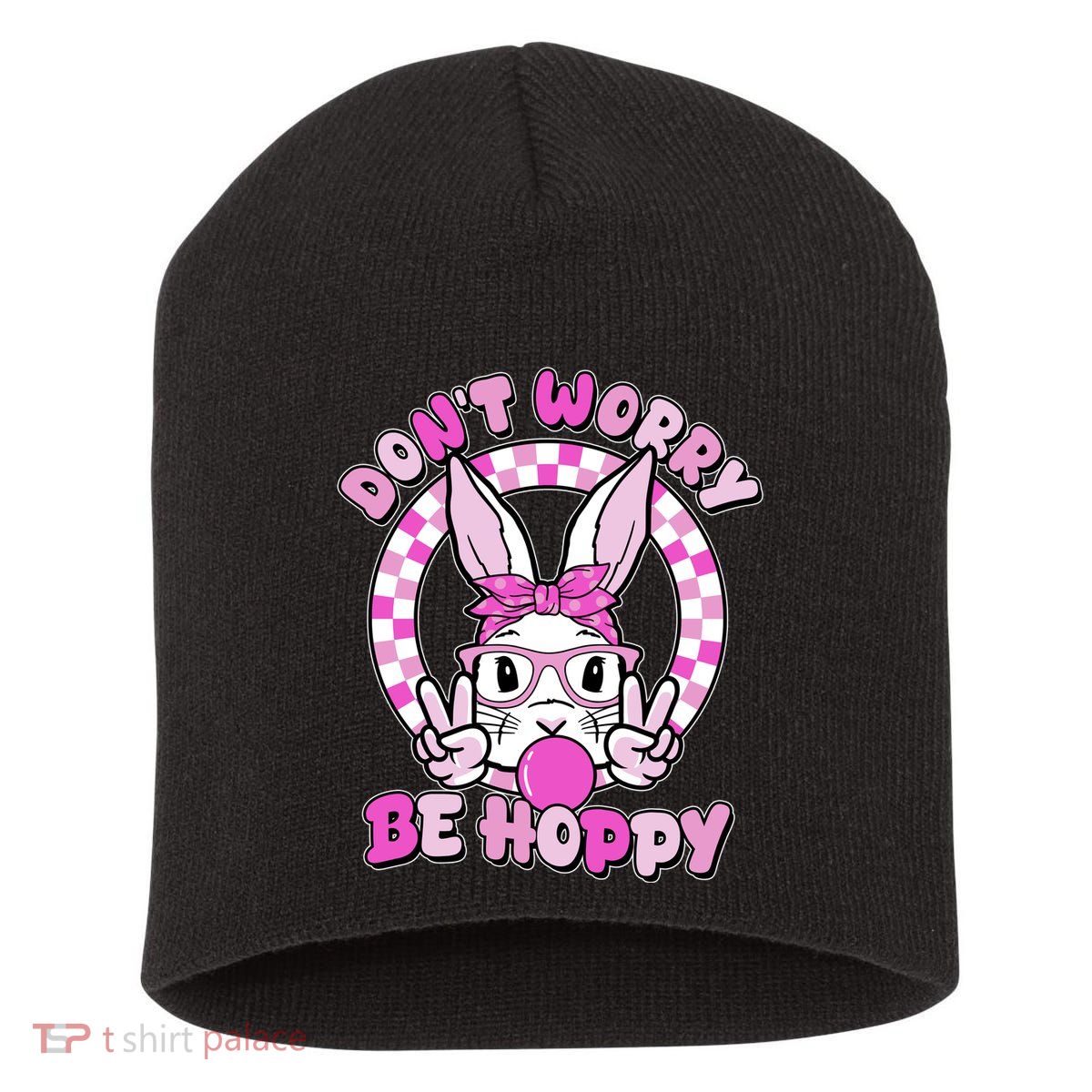 Retro Easter Dont Worry Be Hoppy Easter Bunny Rabbit Short Acrylic Beanie