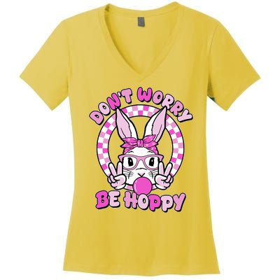 Retro Easter Dont Worry Be Hoppy Easter Bunny Rabbit Women's V-Neck T-Shirt