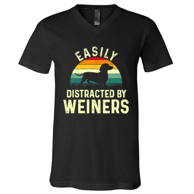 Retro Easily Distracted By Weiners Funny Dachshund Weiner Dog Gift V-Neck T-Shirt