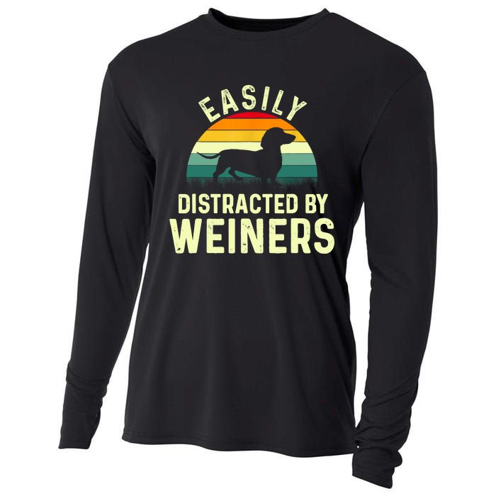 Retro Easily Distracted By Weiners Funny Dachshund Weiner Dog Gift Cooling Performance Long Sleeve Crew