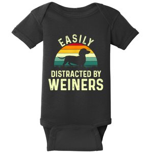 Retro Easily Distracted By Weiners Funny Dachshund Weiner Dog Gift Baby Bodysuit