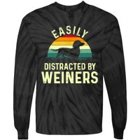 Retro Easily Distracted By Weiners Funny Dachshund Weiner Dog Gift Tie-Dye Long Sleeve Shirt