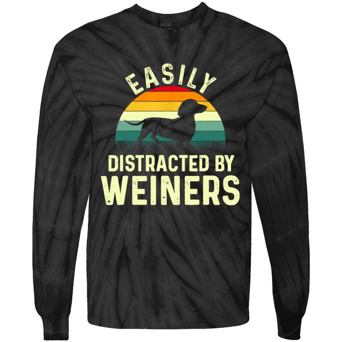 Retro Easily Distracted By Weiners Funny Dachshund Weiner Dog Gift Tie-Dye Long Sleeve Shirt