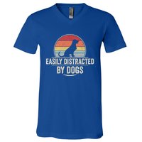 Retro Easily Distracted By Dogs Funny Dog Lover Gift V-Neck T-Shirt