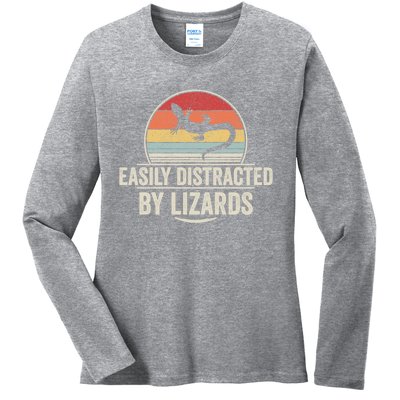 Retro Easily Distracted By Lizards Funny Lizard Lover Great Gift Ladies Long Sleeve Shirt