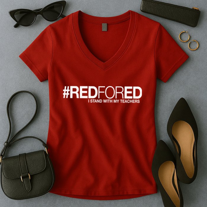 #RedForEd I Stand With My Teachers Red For Ed Women's V-Neck T-Shirt