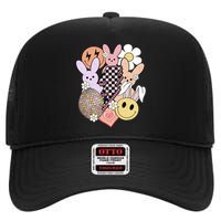 Retro Easter Easter Bunny Smile Face Groovy Easter Day High Crown Mesh Back Trucker Hat