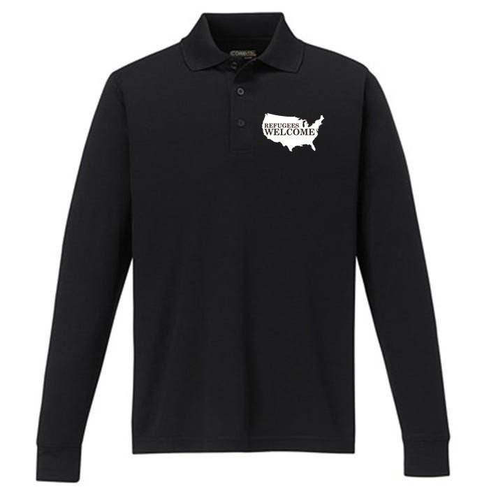 Refugees Welcome in the USA Country Anti Travel Ban Performance Long Sleeve Polo