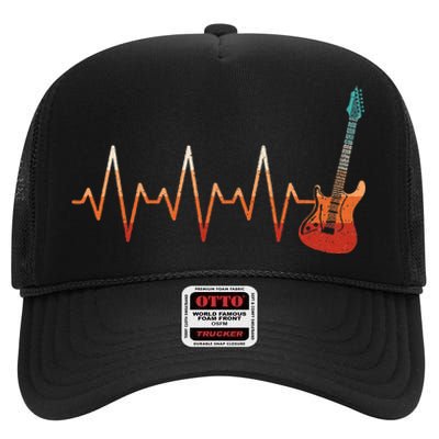 Retro Electric Guitar Heartbeat Guitarist Rock Music Band High Crown Mesh Back Trucker Hat