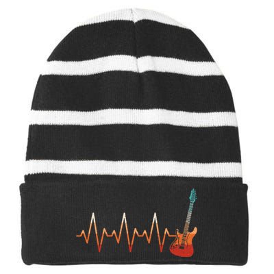 Retro Electric Guitar Heartbeat Guitarist Rock Music Band Striped Beanie with Solid Band