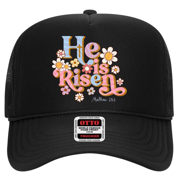 Retro Easter Groovy He Is Risen Christian High Crown Mesh Back Trucker Hat