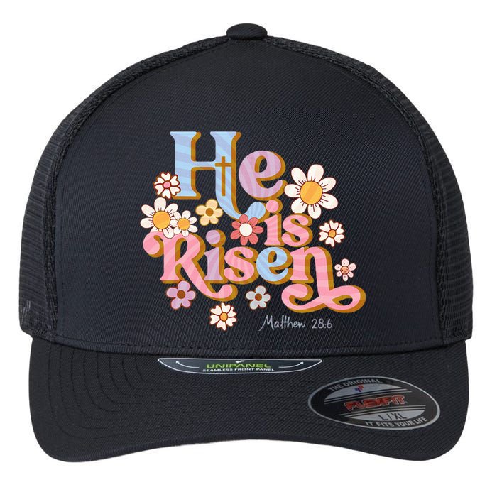 Retro Easter Groovy He Is Risen Christian Flexfit Unipanel Trucker Cap