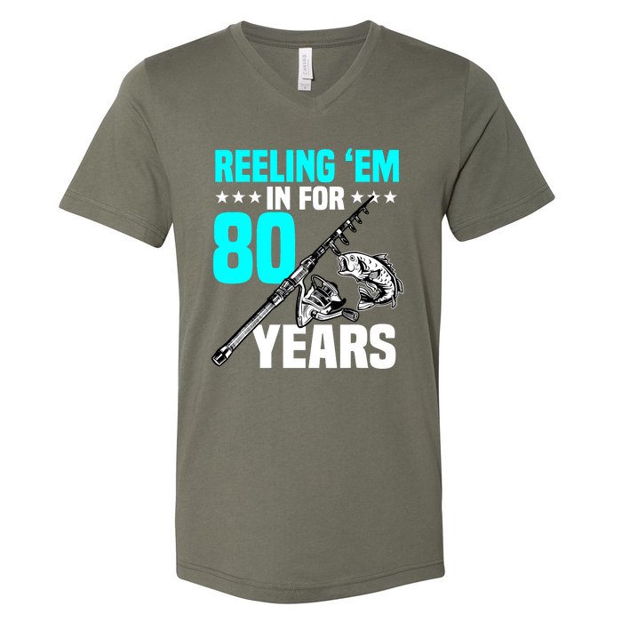 Reeling Em In For 80 Years Birthday 80th Bday Celebration V-Neck T-Shirt