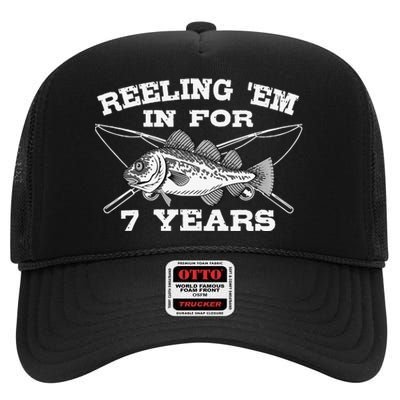 Reeling Em In For 7 Years Birthday 7th Bday Celebration High Crown Mesh Back Trucker Hat