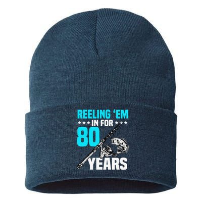 Reeling Em In For 80 Years Birthday 80th Bday Celebration Sustainable Knit Beanie