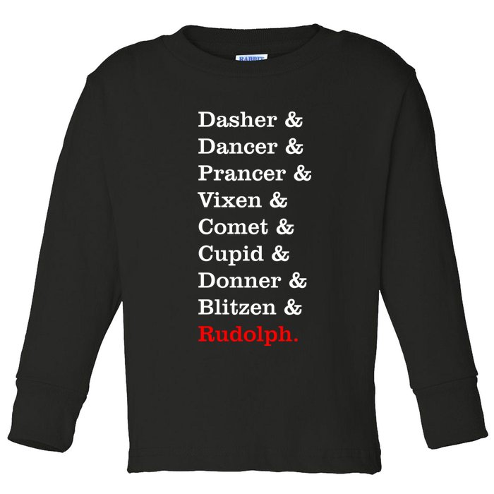 Reindeer Names Funny Christmas List Rudolph Toddler Long Sleeve Shirt
