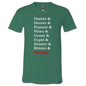 Reindeer Names Funny Christmas List Rudolph V-Neck T-Shirt