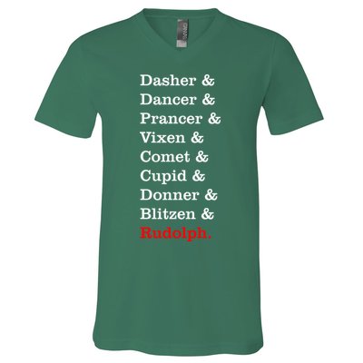 Reindeer Names Funny Christmas List Rudolph V-Neck T-Shirt