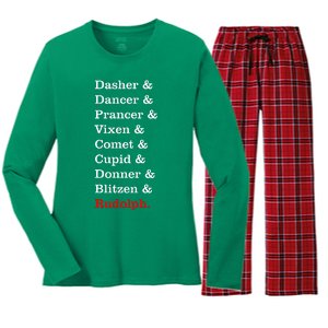 Reindeer Names Funny Christmas List Rudolph Women's Long Sleeve Flannel Pajama Set 