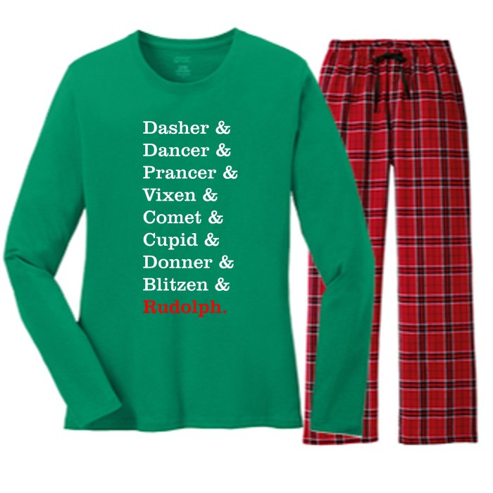 Reindeer Names Funny Christmas List Rudolph Women's Long Sleeve Flannel Pajama Set 