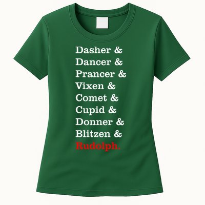 Reindeer Names Funny Christmas List Rudolph Womens T-Shirt