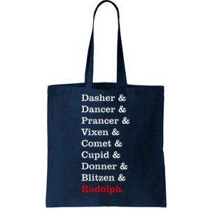 Reindeer Names Funny Christmas List Rudolph Tote Bag