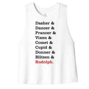 Reindeer Names Funny Christmas List Rudolph Women's Racerback Cropped Tank