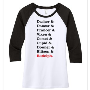 Reindeer Names Funny Christmas List Rudolph Women's Tri-Blend 3/4-Sleeve Raglan Shirt