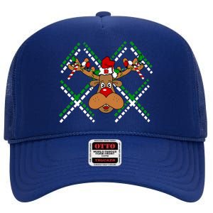 Reindeer Ugly Christmas Sweater High Crown Mesh Back Trucker Hat