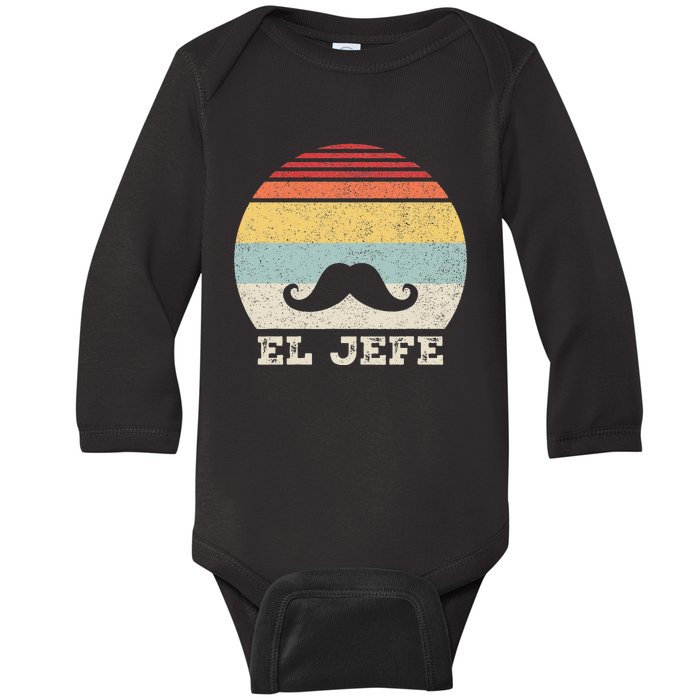 Retro El Jefe Funny Mexican Boss Funny Cinco De Mayo Baby Long Sleeve Bodysuit