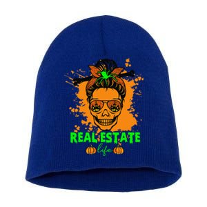 Real Estate Life Halloween Scary Realtor Messy Bun Skull Short Acrylic Beanie