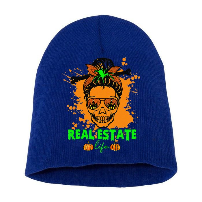 Real Estate Life Halloween Scary Realtor Messy Bun Skull Short Acrylic Beanie