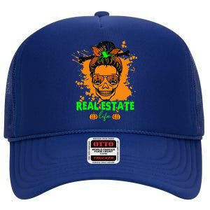 Real Estate Life Halloween Scary Realtor Messy Bun Skull High Crown Mesh Back Trucker Hat