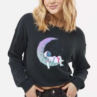 Relaxing Astronaut On The Moon Cropped Pullover Crew