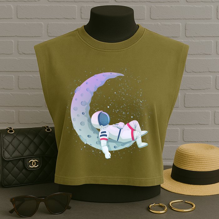 Relaxing Astronaut On The Moon Garment-Dyed Women's Muscle Tee