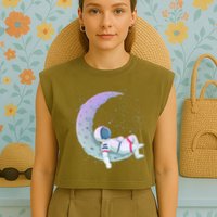 Relaxing Astronaut On The Moon Garment-Dyed Women's Muscle Tee