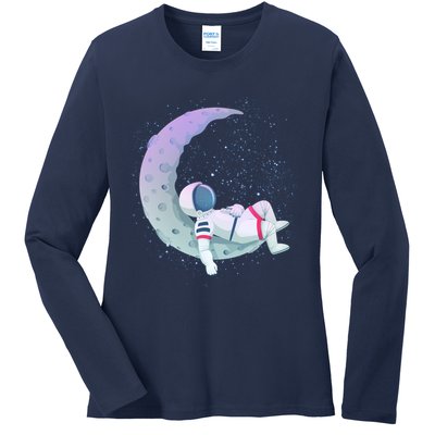 Relaxing Astronaut On The Moon Ladies Long Sleeve Shirt