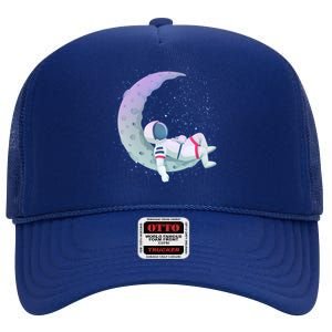 Relaxing Astronaut On The Moon High Crown Mesh Back Trucker Hat