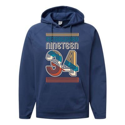 Retro Established Nineteen 34 1934 90th Birthday Performance Fleece Hoodie