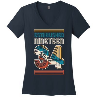 Retro Established Nineteen 34 1934 90th Birthday Women's V-Neck T-Shirt