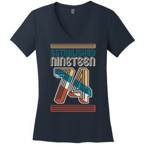 Retro Established Nineteen 74 1974 50th Birthday Women's V-Neck T-Shirt