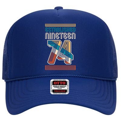 Retro Established Nineteen 74 1974 50th Birthday High Crown Mesh Back Trucker Hat