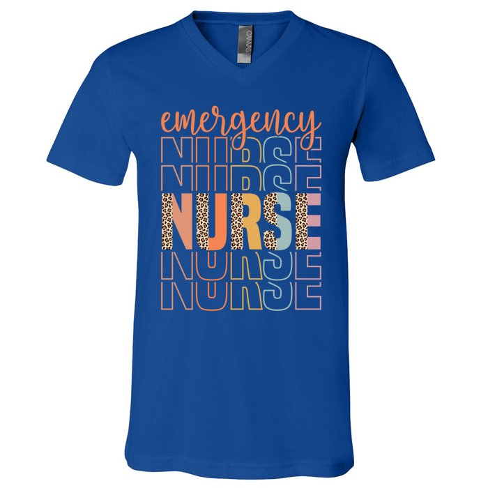 Retro Emergency Nurse Leopard Design Funny Nursing Vintage Gift V-Neck T-Shirt